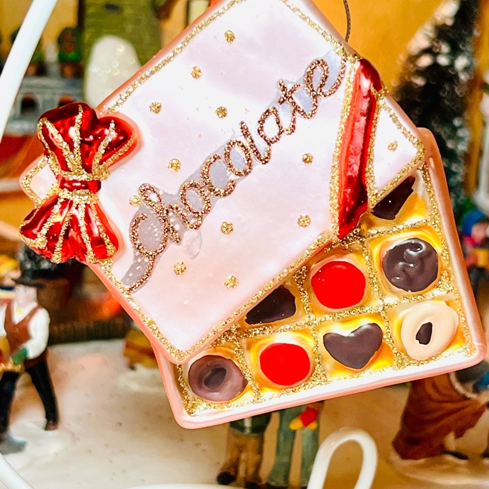 Pink Gift Box of Chocolate Bonbons Glass Ornament Red Bow Heart Truffles